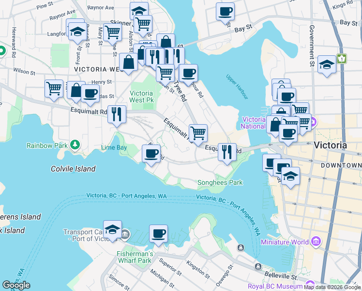 map of restaurants, bars, coffee shops, grocery stores, and more near 742 Saghalie Road in Victoria