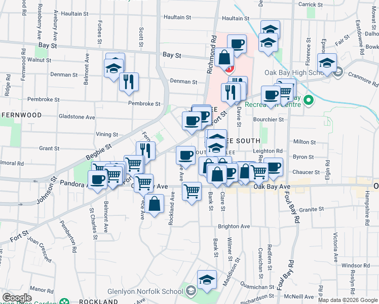 map of restaurants, bars, coffee shops, grocery stores, and more near 1742 Fort Street in Victoria