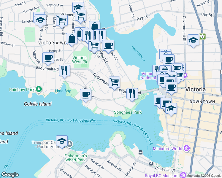 map of restaurants, bars, coffee shops, grocery stores, and more near in Victoria
