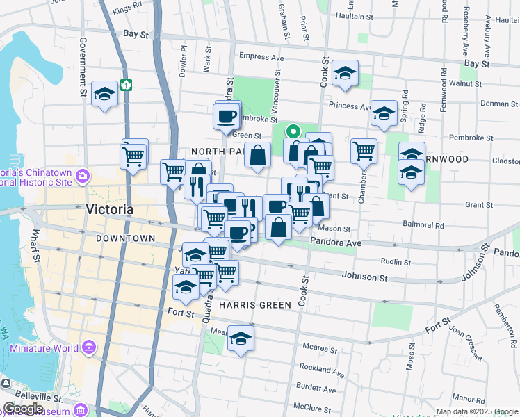 map of restaurants, bars, coffee shops, grocery stores, and more near 975 Balmoral Road in Victoria