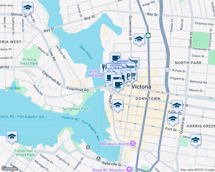 map of restaurants, bars, coffee shops, grocery stores, and more near 430 Pandora Avenue in Victoria