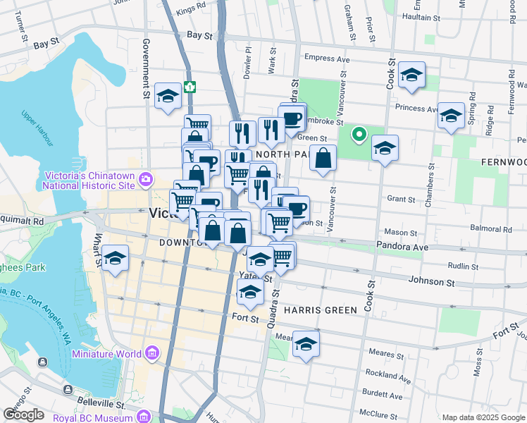 map of restaurants, bars, coffee shops, grocery stores, and more near 1529 Amelia Street in Victoria