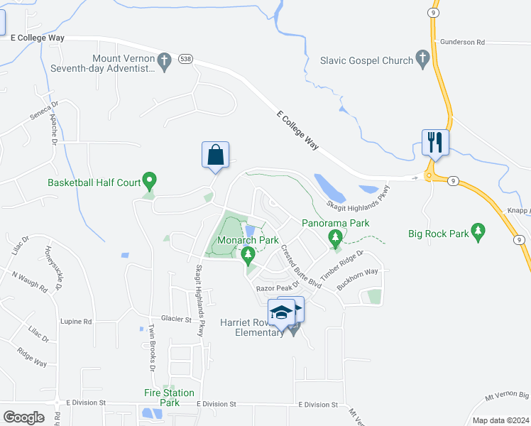 map of restaurants, bars, coffee shops, grocery stores, and more near 916 Crested Butte Boulevard in Mount Vernon