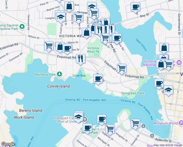 map of restaurants, bars, coffee shops, grocery stores, and more near 200 Kimta Road in Victoria