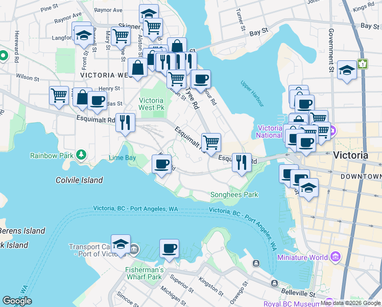 map of restaurants, bars, coffee shops, grocery stores, and more near 742 Saghalie Road in Victoria