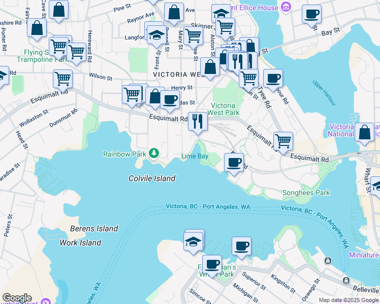 map of restaurants, bars, coffee shops, grocery stores, and more near Songhees Walkway in Victoria