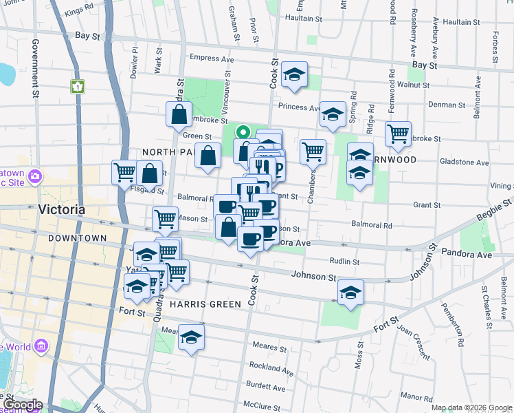 map of restaurants, bars, coffee shops, grocery stores, and more near 1036 Balmoral Road in Victoria