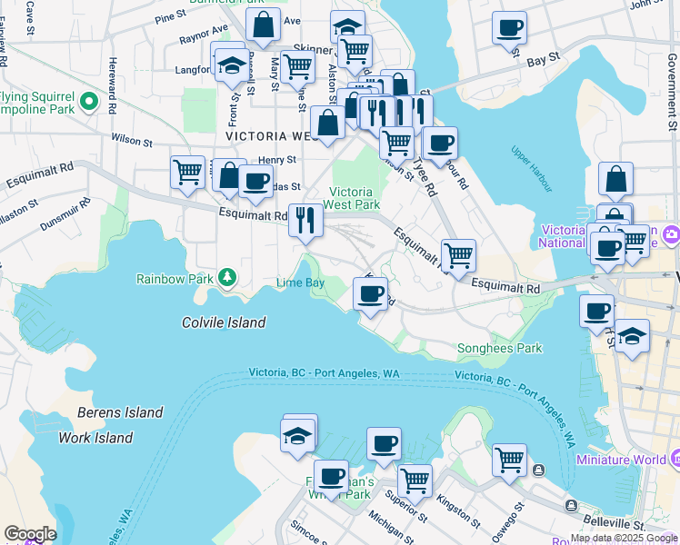 map of restaurants, bars, coffee shops, grocery stores, and more near 200 Kimta Road in Victoria