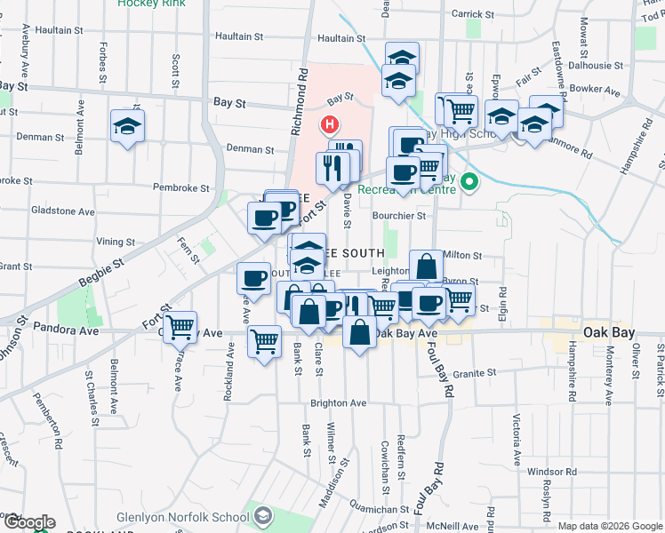 map of restaurants, bars, coffee shops, grocery stores, and more near 1711 Duchess Street in Victoria