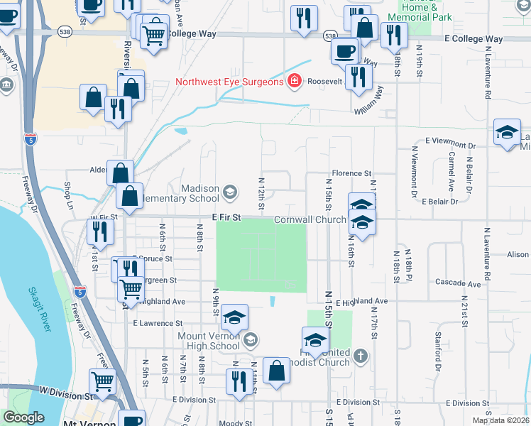 map of restaurants, bars, coffee shops, grocery stores, and more near 1201 East Fir Street in Mount Vernon