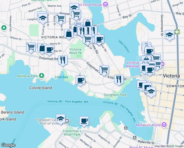 map of restaurants, bars, coffee shops, grocery stores, and more near 742 Saghalie Road in Victoria