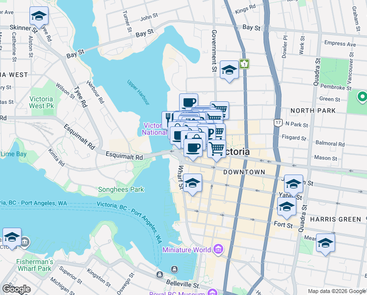 map of restaurants, bars, coffee shops, grocery stores, and more near in Victoria