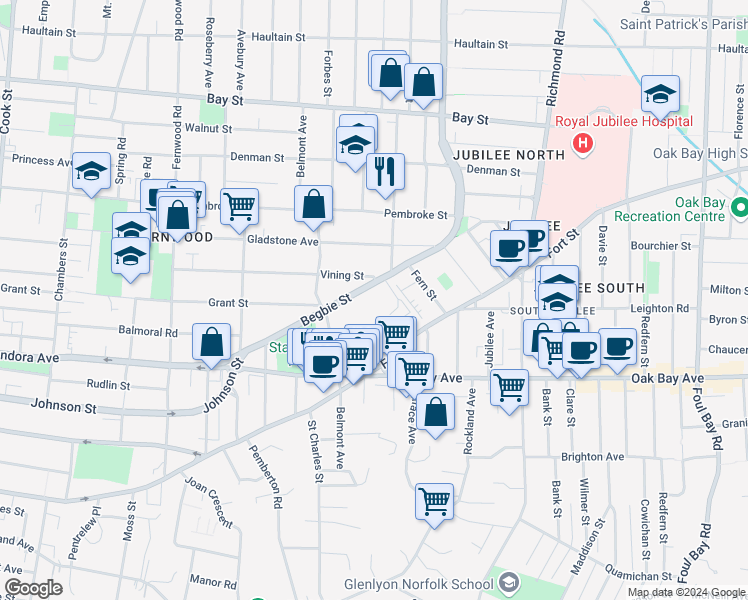 map of restaurants, bars, coffee shops, grocery stores, and more near 1573 Begbie Street in Victoria