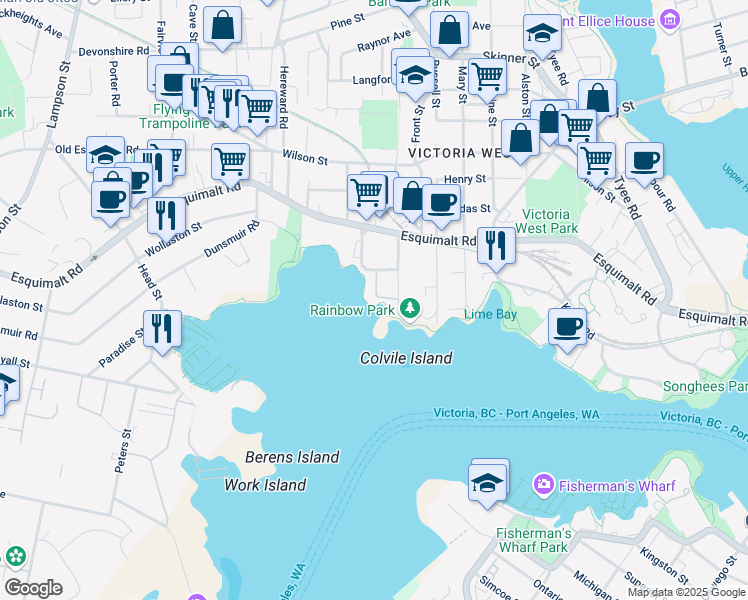 map of restaurants, bars, coffee shops, grocery stores, and more near 630 Seaforth Street in Victoria