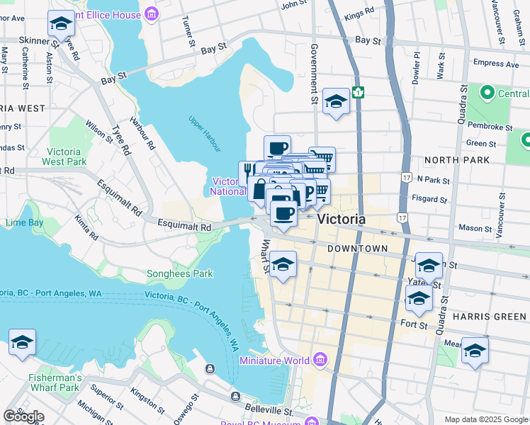 map of restaurants, bars, coffee shops, grocery stores, and more near in Victoria