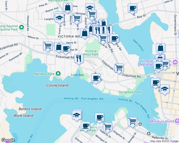 map of restaurants, bars, coffee shops, grocery stores, and more near 200 Kimta Road in Victoria