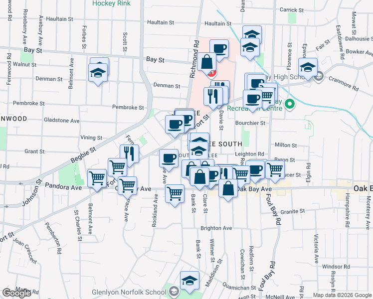 map of restaurants, bars, coffee shops, grocery stores, and more near 1729 Richmond Avenue in Victoria