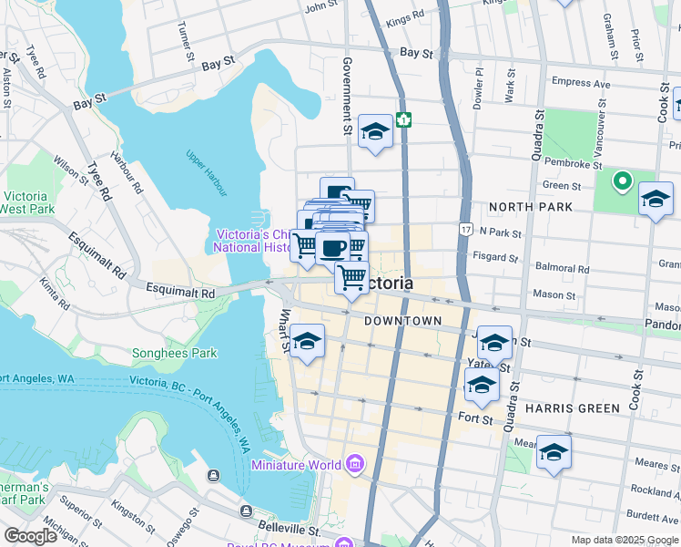 map of restaurants, bars, coffee shops, grocery stores, and more near 17 Fan Tan Alley in Victoria