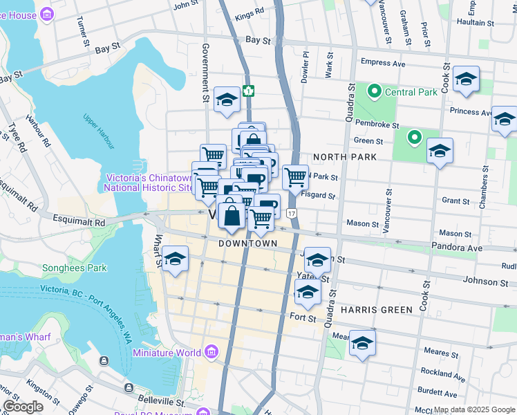 map of restaurants, bars, coffee shops, grocery stores, and more near 81442 Douglas Street in Victoria