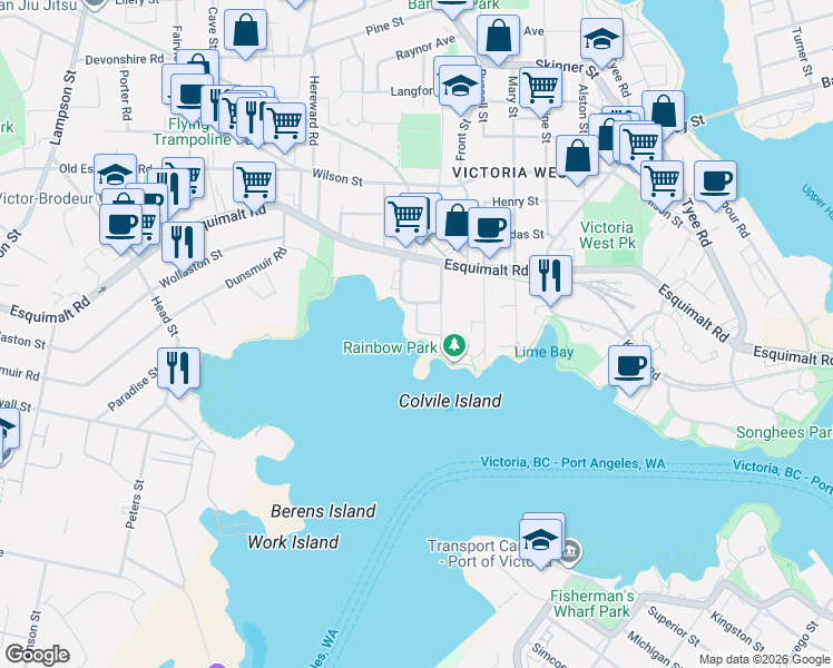 map of restaurants, bars, coffee shops, grocery stores, and more near 630 Seaforth Street in Victoria