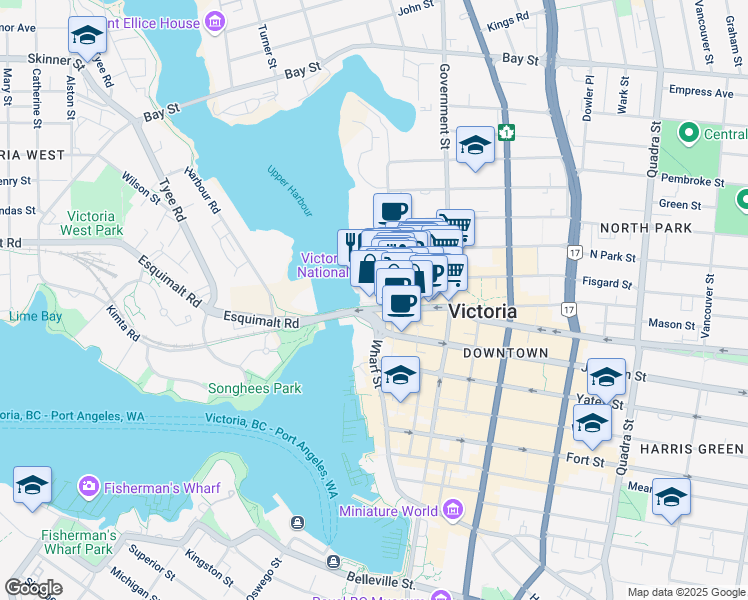 map of restaurants, bars, coffee shops, grocery stores, and more near 456 Pandora Avenue in Victoria