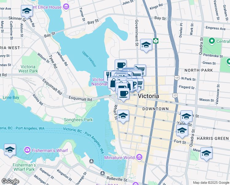 map of restaurants, bars, coffee shops, grocery stores, and more near 1610 Store Street in Victoria