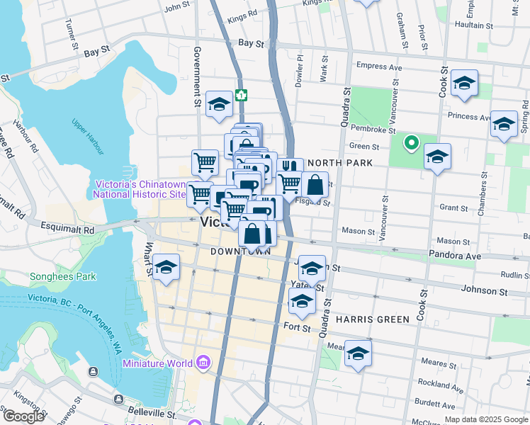 map of restaurants, bars, coffee shops, grocery stores, and more near in Victoria