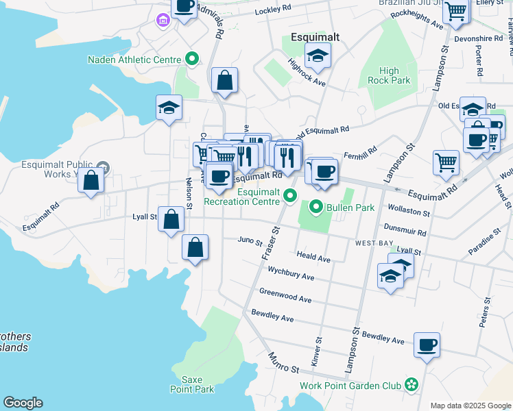 map of restaurants, bars, coffee shops, grocery stores, and more near 1223 Carlisle Avenue in Victoria