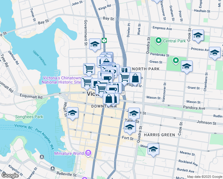 map of restaurants, bars, coffee shops, grocery stores, and more near in Victoria