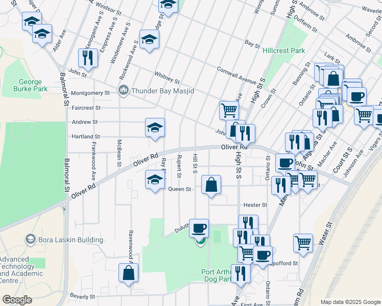 map of restaurants, bars, coffee shops, grocery stores, and more near 455 Oliver Road in Thunder Bay