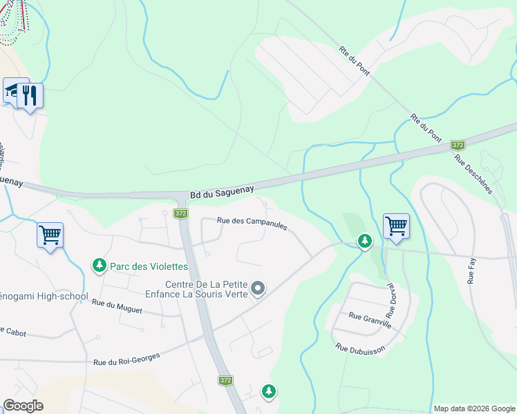 map of restaurants, bars, coffee shops, grocery stores, and more near 1842 Rue des Camélias in Saguenay