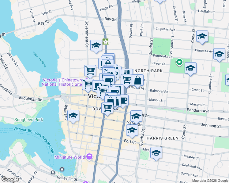 map of restaurants, bars, coffee shops, grocery stores, and more near in Victoria