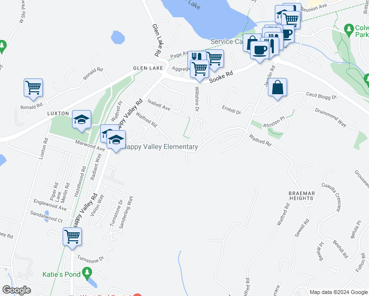 map of restaurants, bars, coffee shops, grocery stores, and more near 954 Walfred Road in Victoria