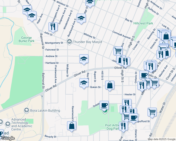 map of restaurants, bars, coffee shops, grocery stores, and more near Oliver Rd & Ray Blvd in Thunder Bay