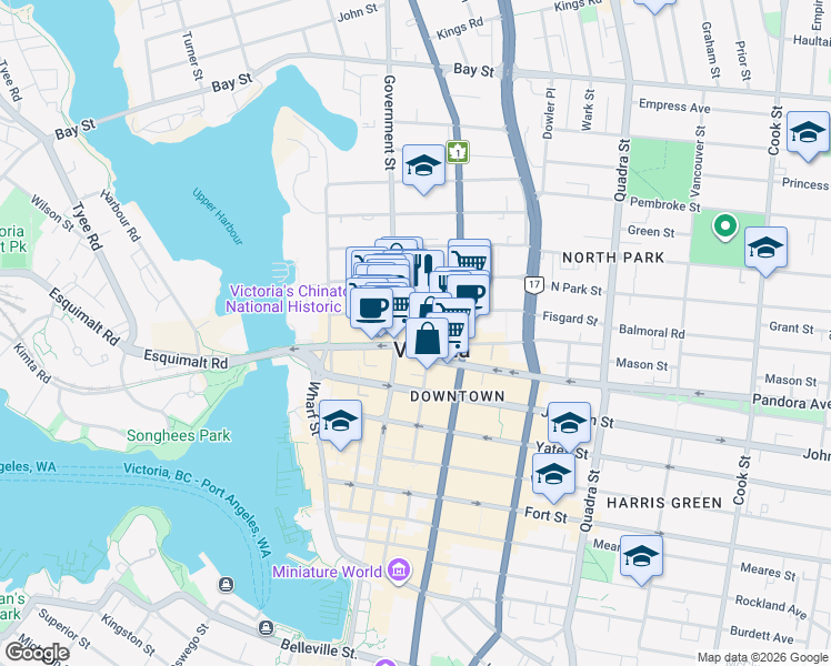 map of restaurants, bars, coffee shops, grocery stores, and more near 626 Pandora Avenue in Victoria