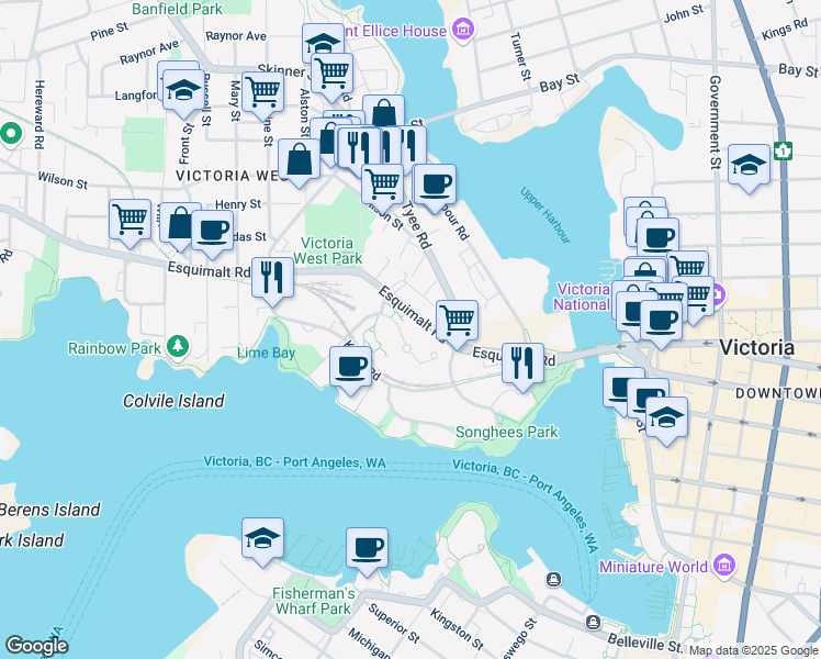 map of restaurants, bars, coffee shops, grocery stores, and more near 742 Saghalie Road in Victoria