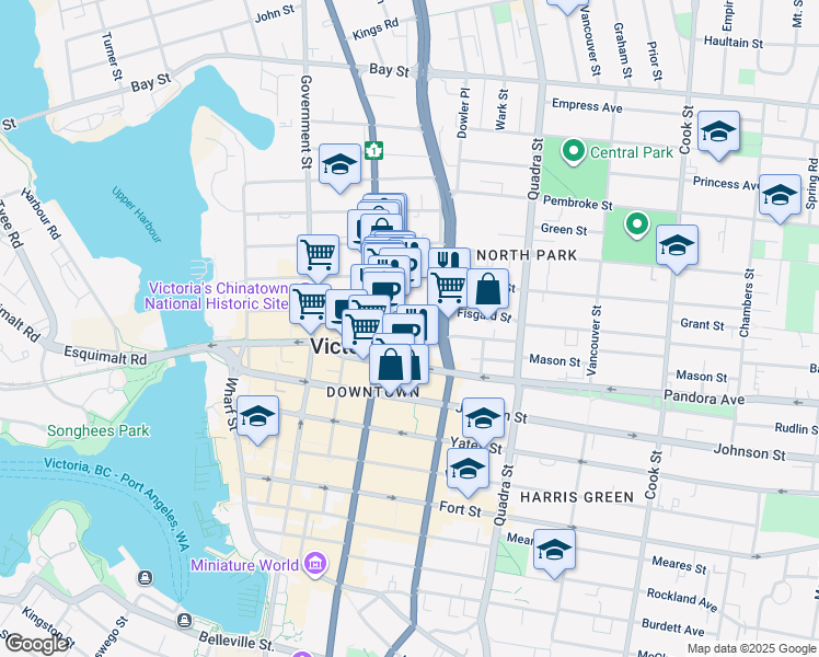 map of restaurants, bars, coffee shops, grocery stores, and more near 732 Cormorant Street in Victoria