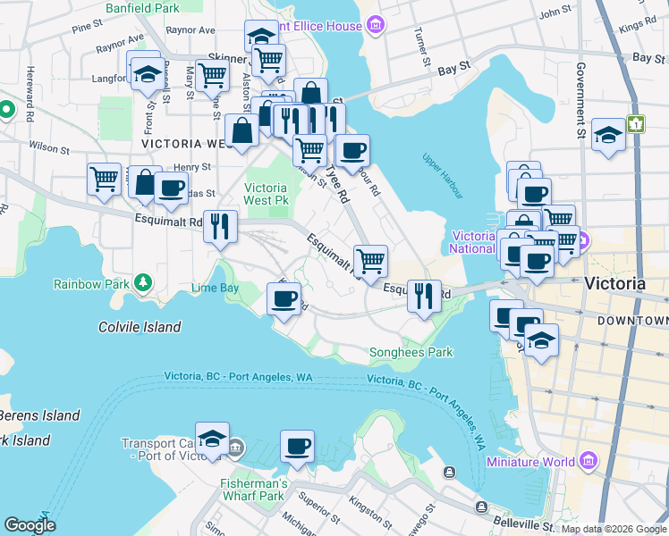 map of restaurants, bars, coffee shops, grocery stores, and more near 742 Saghalie Road in Victoria