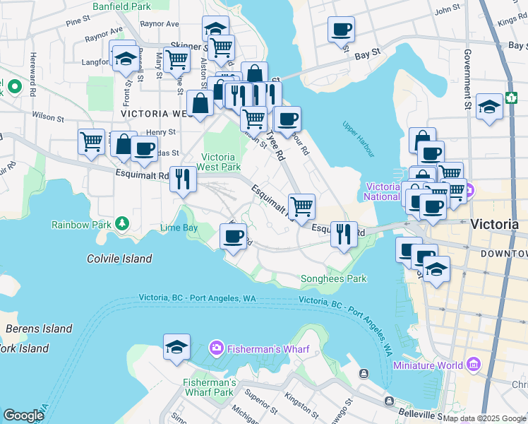 map of restaurants, bars, coffee shops, grocery stores, and more near Saghalie Road in Victoria