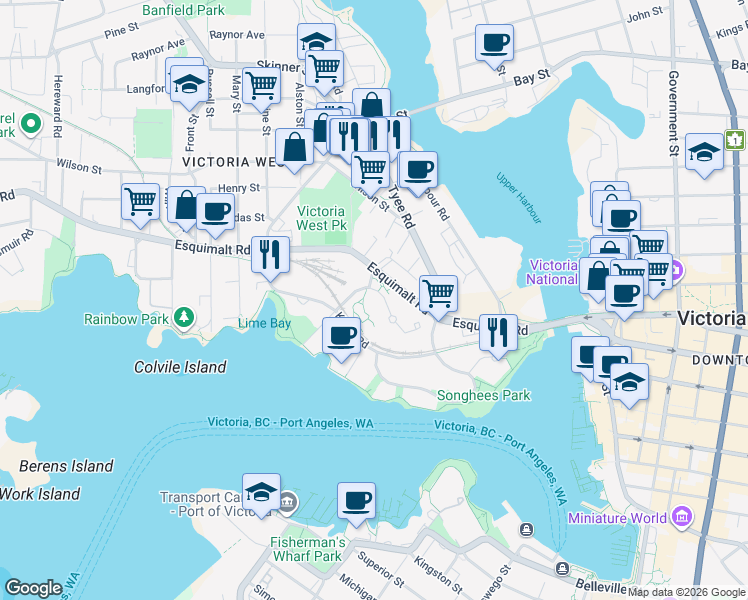 map of restaurants, bars, coffee shops, grocery stores, and more near 742 Saghalie Road in Victoria
