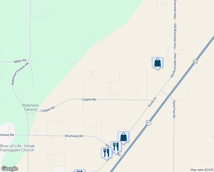 map of restaurants, bars, coffee shops, grocery stores, and more near 59C Copple Road in Omak
