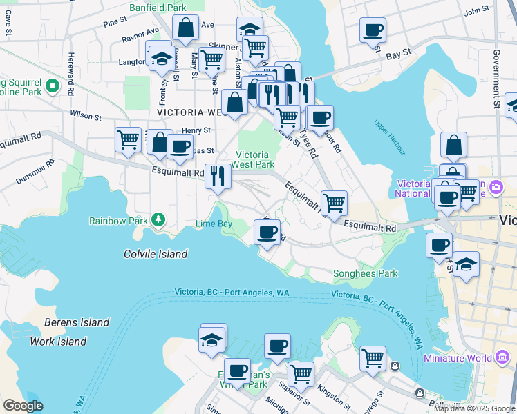 map of restaurants, bars, coffee shops, grocery stores, and more near 200 Kimta Road in Victoria