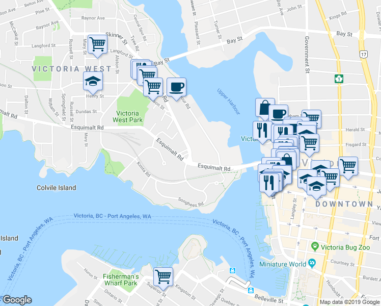 map of restaurants, bars, coffee shops, grocery stores, and more near 361 Tyee Road in Victoria