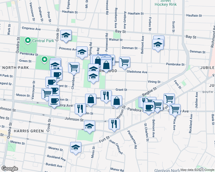 map of restaurants, bars, coffee shops, grocery stores, and more near 1809 Fernwood Road in Victoria