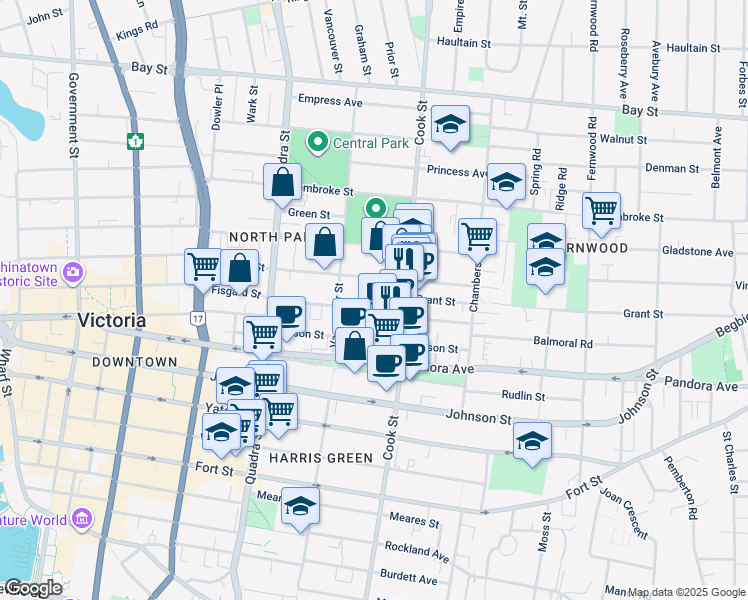 map of restaurants, bars, coffee shops, grocery stores, and more near 1036 Balmoral Road in Victoria
