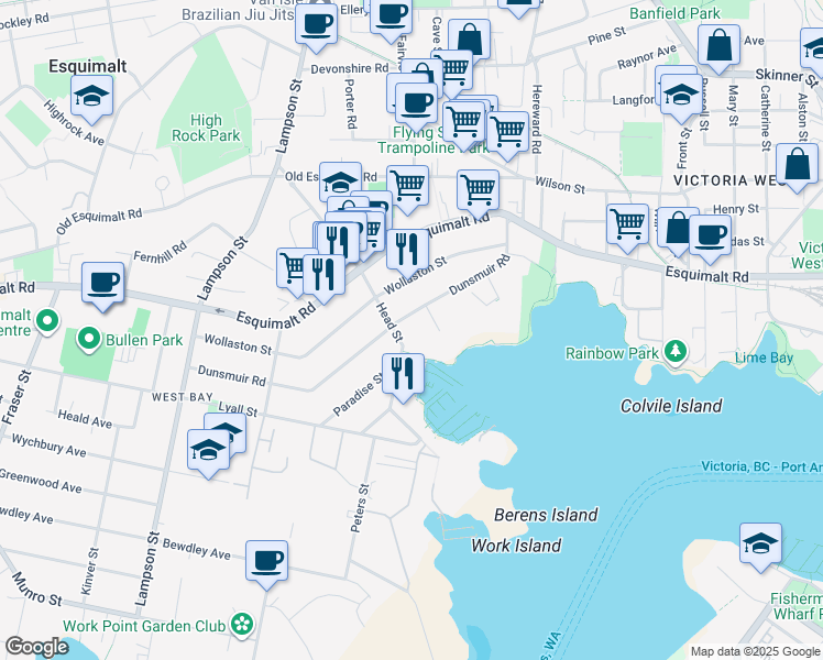 map of restaurants, bars, coffee shops, grocery stores, and more near 885 Dunsmuir Road in Victoria