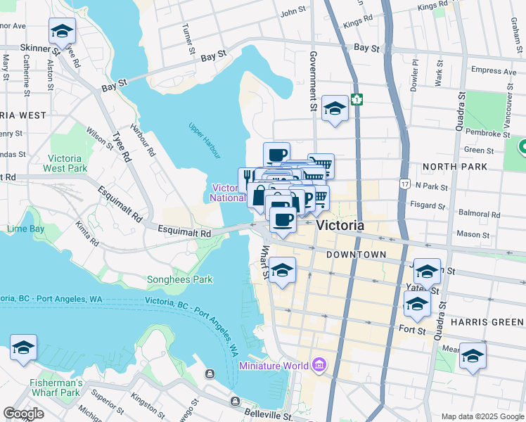 map of restaurants, bars, coffee shops, grocery stores, and more near 1628 Store Street in Victoria