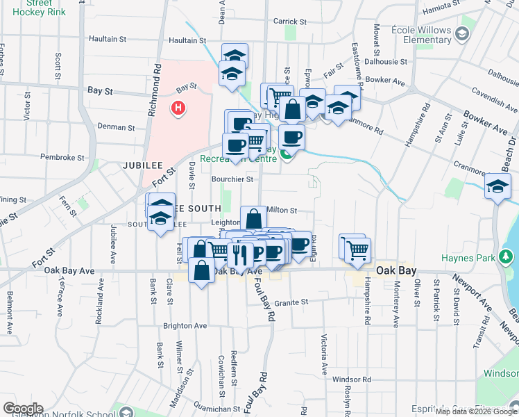map of restaurants, bars, coffee shops, grocery stores, and more near Foul Bay Road in Victoria