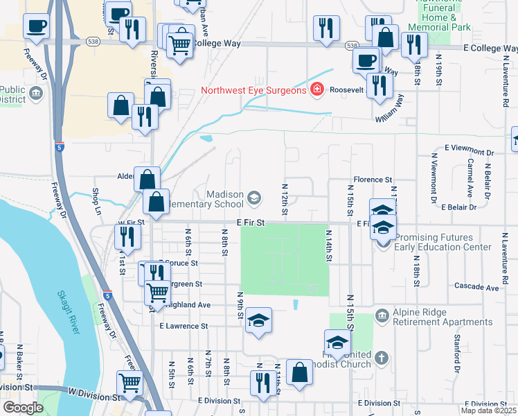 map of restaurants, bars, coffee shops, grocery stores, and more near 1001 East Fir Street in Mount Vernon