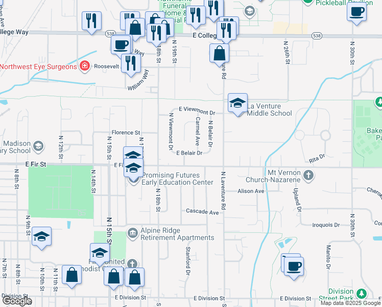 map of restaurants, bars, coffee shops, grocery stores, and more near 2000 East Belair Drive in Mount Vernon